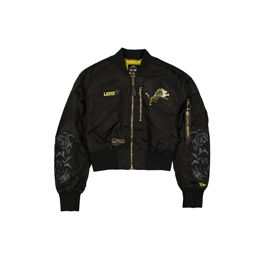 Alpha Industries x Detroit Lions Black and Gold Women's Cropped L-2B Bomber Jacket